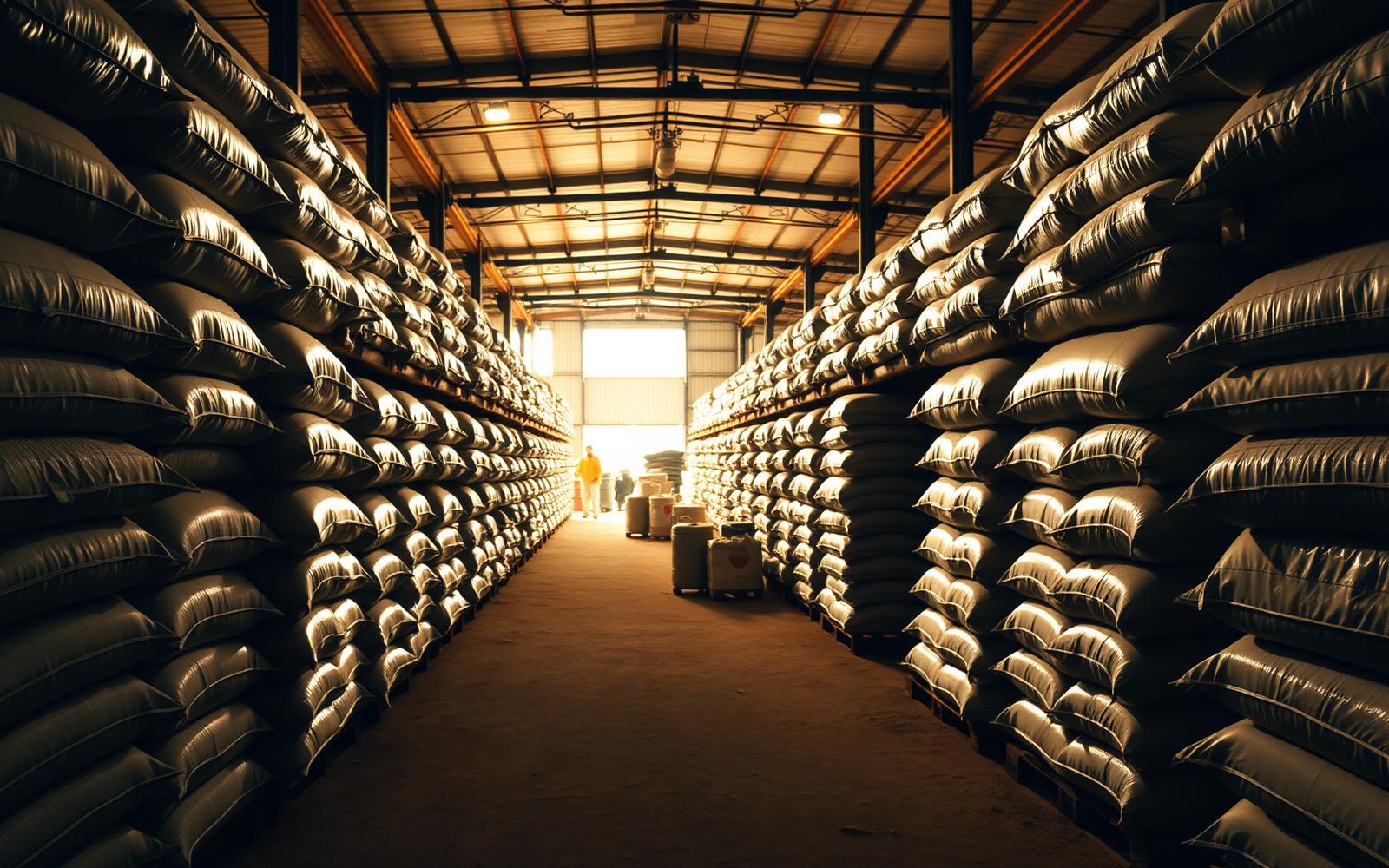 Warehouse interior with stacked bags